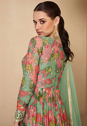 Digital Printed Georgette Abaya Style Suit in Dusty Green and Pink