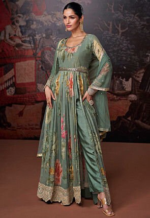Digital Printed Georgette Abaya Style Suit in Dusty Sea Green