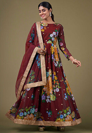 Digital Printed Georgette Abaya Style Suit in Maroon