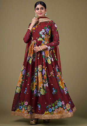 Digital Printed Georgette Abaya Style Suit in Maroon