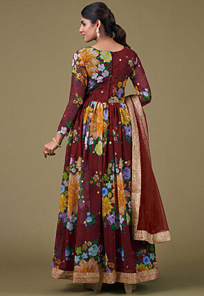 Digital Printed Georgette Abaya Style Suit in Maroon