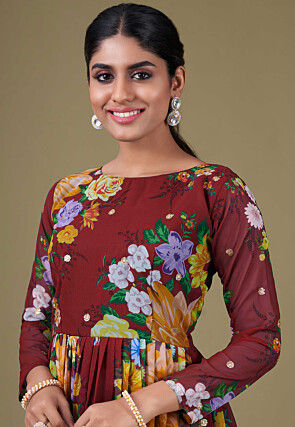 Digital Printed Georgette Abaya Style Suit in Maroon