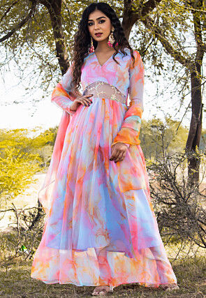Digital Printed Georgette Abaya Style Suit in Multicolor