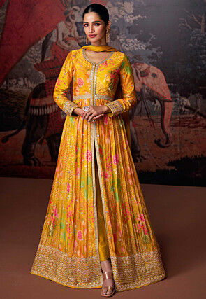 Digital Printed Georgette Abaya Style Suit in Mustard