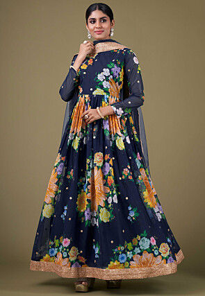 Digital Printed Georgette Abaya Style Suit in Navy Blue