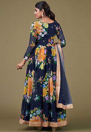 Digital Printed Georgette Abaya Style Suit in Navy Blue