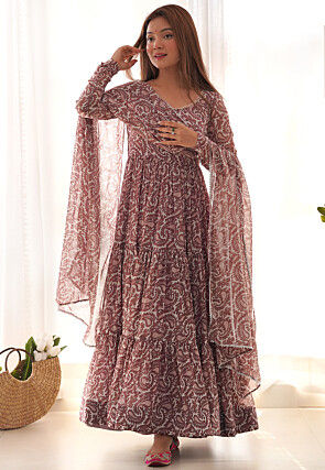 Digital Printed Georgette Abaya Style Suit in Off White