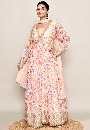 Digital Printed Georgette Abaya Style Suit in Off White