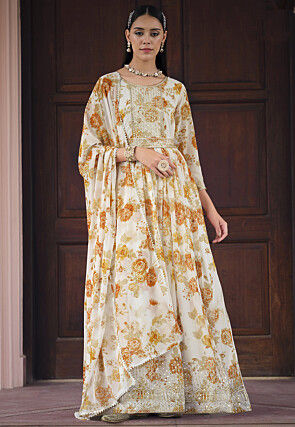 Digital Printed Georgette Abaya Style Suit in Off White