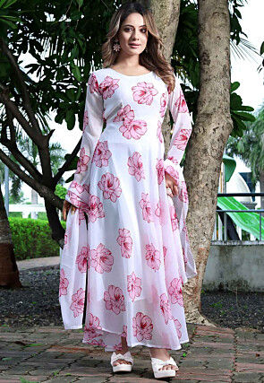 Digital Printed Georgette Abaya Style Suit in Off White