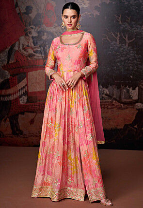 Digital Printed Georgette Abaya Style Suit in Peach