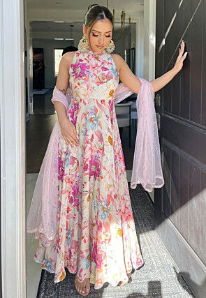 Digital Printed Georgette Abaya Style Suit in Pink