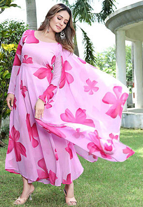 Digital Printed Georgette Abaya Style Suit in Pink