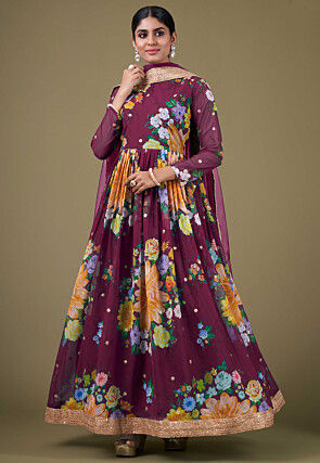 Digital Printed Georgette Abaya Style Suit in Purple