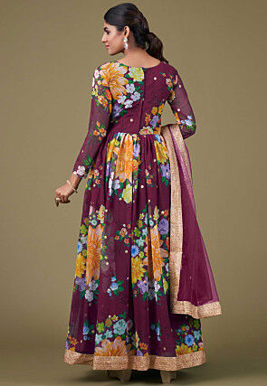 Digital Printed Georgette Abaya Style Suit in Purple