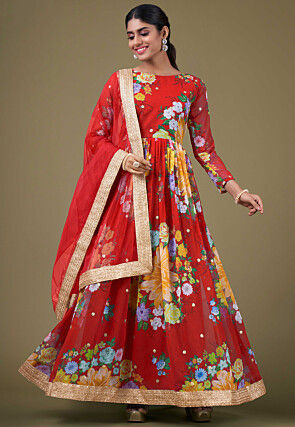 Digital Printed Georgette Abaya Style Suit in Red