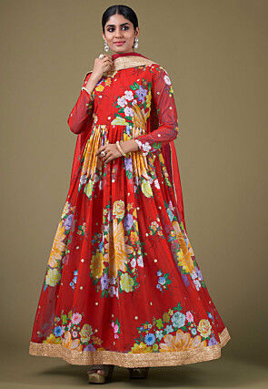 Digital Printed Georgette Abaya Style Suit in Red