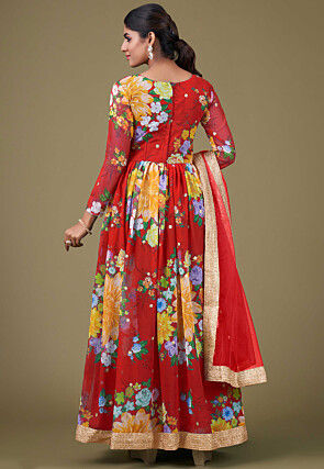 Digital Printed Georgette Abaya Style Suit in Red