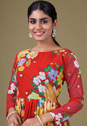 Digital Printed Georgette Abaya Style Suit in Red