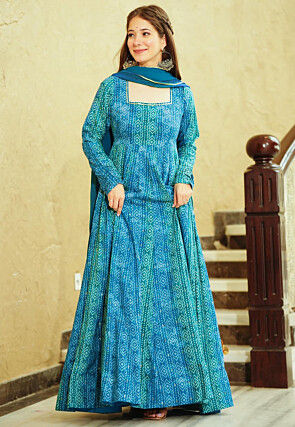 Digital Printed Georgette Abaya Style Suit in Teal Blue and Green