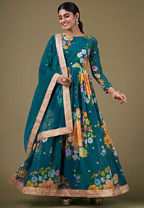 Digital Printed Georgette Abaya Style Suit in Teal Blue
