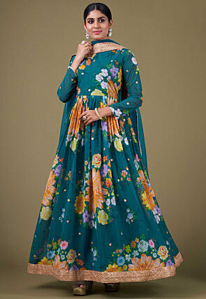 Digital Printed Georgette Abaya Style Suit in Teal Blue