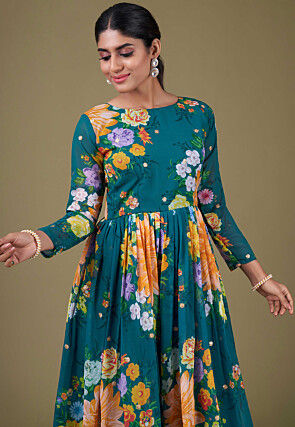 Digital Printed Georgette Abaya Style Suit in Teal Blue