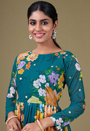 Digital Printed Georgette Abaya Style Suit in Teal Blue