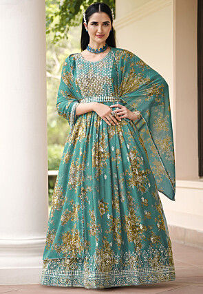 Digital Printed Georgette Abaya Style Suit in Teal Green