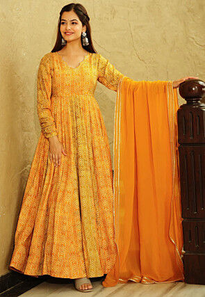 Digital Printed Georgette Abaya Style Suit in Yellow and Mustard