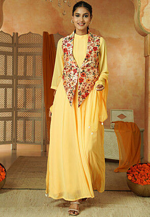 Digital Printed Georgette Abaya Style Suit in Yellow