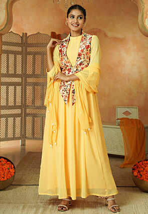 Digital Printed Georgette Abaya Style Suit in Yellow