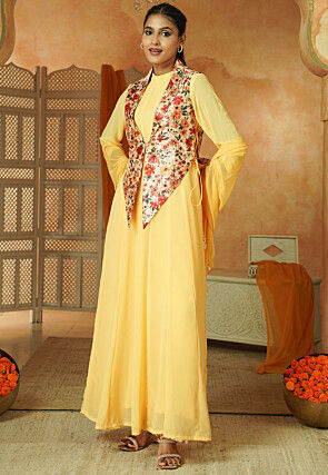 Digital Printed Georgette Abaya Style Suit in Yellow