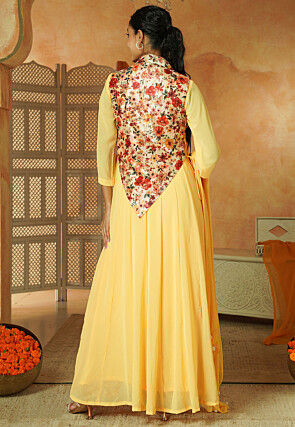 Digital Printed Georgette Abaya Style Suit in Yellow