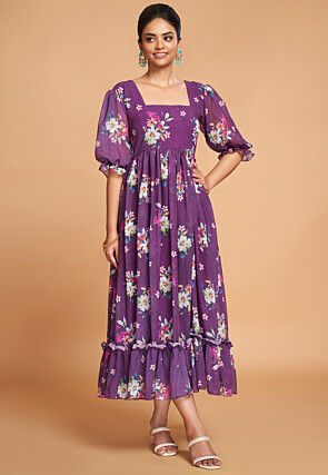 Digital Printed Georgette Aline Dress in Purple