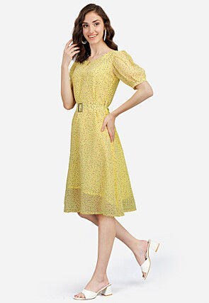 Digital Printed Georgette Aline Dress in Yellow