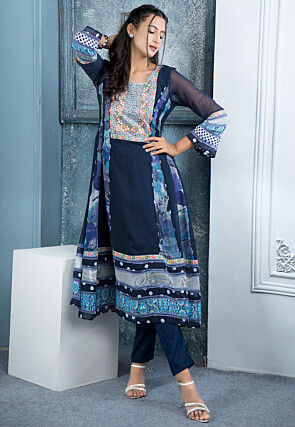Digital Printed Georgette Aline Kurta in Navy Blue