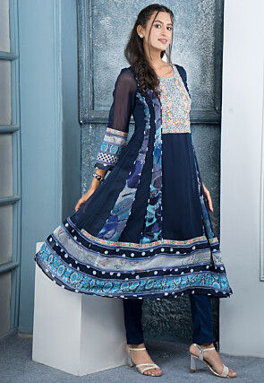 Digital Printed Georgette Aline Kurta in Navy Blue