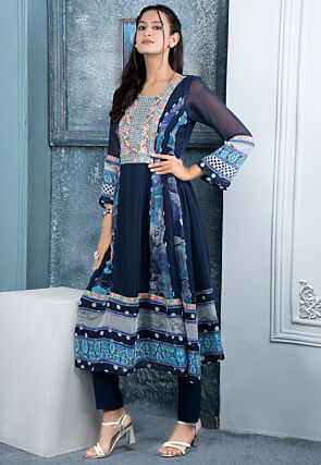 Digital Printed Georgette Aline Kurta in Navy Blue