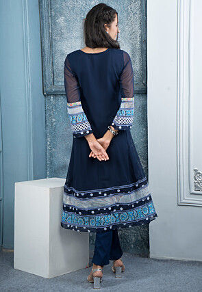 Digital Printed Georgette Aline Kurta in Navy Blue