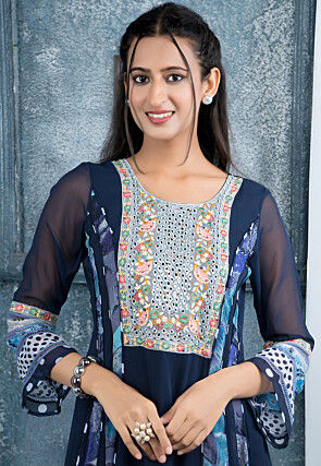 Digital Printed Georgette Aline Kurta in Navy Blue