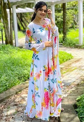 Digital Printed Georgette Anarkali Suit in Off White