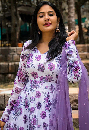 Digital Printed Georgette Anarkali Suit in Off White