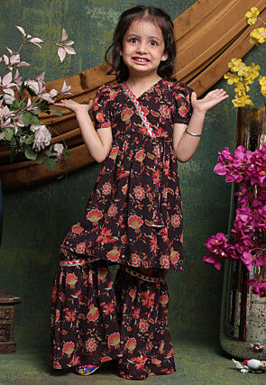 Digital Printed Georgette Angrakha Style Kurta Set in Black