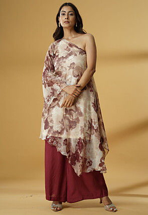 Digital Printed Georgette Asymmetric A Line Kurta Set in Light Beige