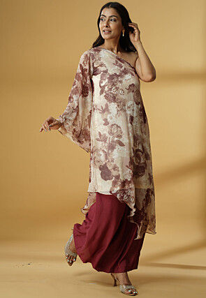 Digital Printed Georgette Asymmetric A Line Kurta Set in Light Beige