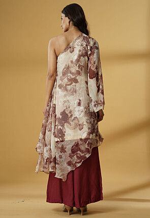 Digital Printed Georgette Asymmetric A Line Kurta Set in Light Beige