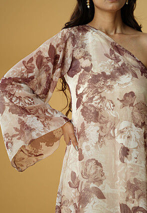 Digital Printed Georgette Asymmetric A Line Kurta Set in Light Beige