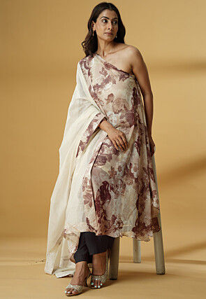 Digital Printed Georgette Asymmetric A Line Suit in Light Beige