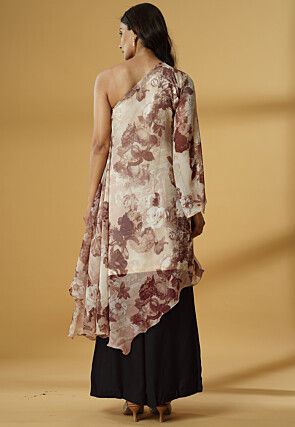 Digital Printed Georgette Asymmetric A Line Suit in Light Beige